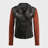 Asymmetric Zipper Moto Leather Biker Jacket with Red Sleeves for Women