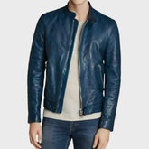Casual Blue Leather Biker Jacket for Men