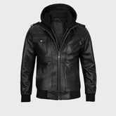 Romovable Hood Bomber Leather Jacket for Men