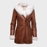 Tan Hooded Shearling Leather Coat Jacket for Women