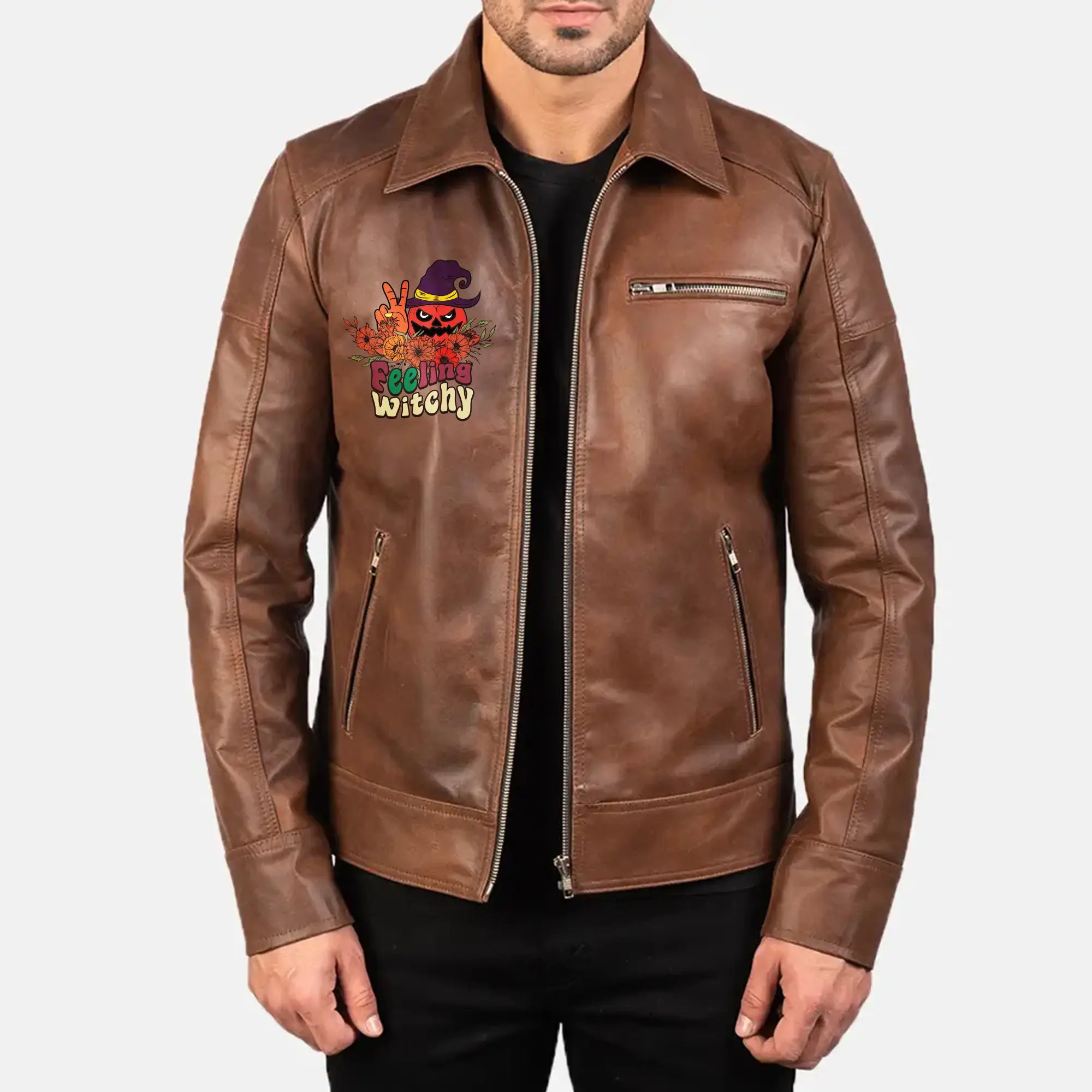 Feeling Witchy Halloween DTF Print on Leather Jacket image 2