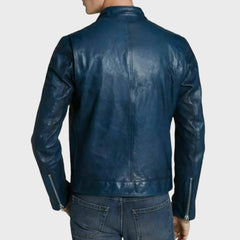 Casual Blue Leather Biker Jacket for Men