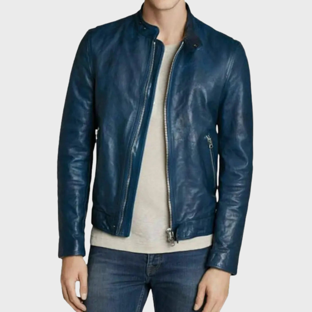 Casual Blue Leather Biker Jacket for Men