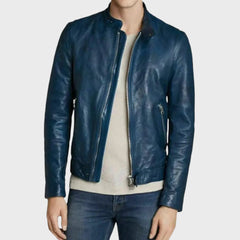 Casual Blue Leather Biker Jacket for Men